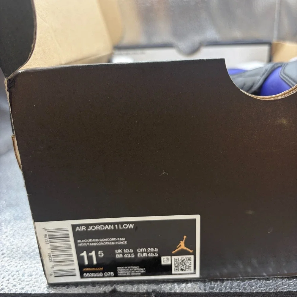 Size 11.5 Nike Air Jordan 1 Low Black/Purple Mens Trainers Shoes 553558-075